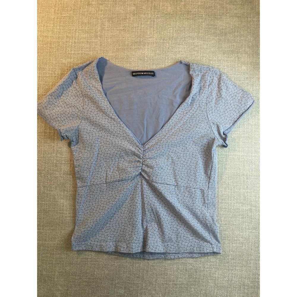 Brandy Melville Light Blue Floral Ruched V-Neck Short Sleeve Crop Top One Size